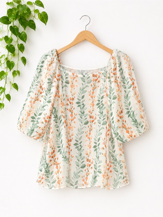 C Est. 1946 Tops - Square-Neck Puff-Sleeve Blouse in White with Orange Floral & Green Leaves